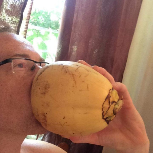 David drinking from a coconut